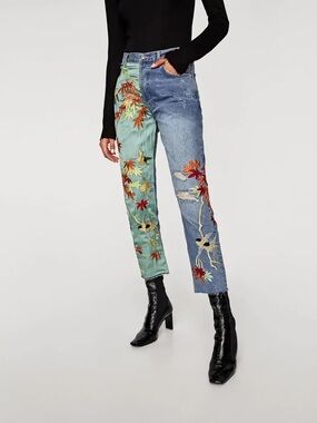 NWOT Zara Premium Asymmetrical Satin Patchwork Embroidered Jeans Size 4